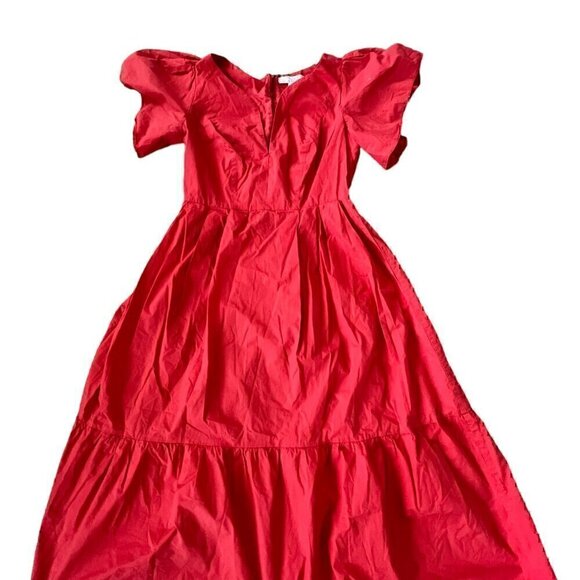 Marissa Webb Collective Midi Dress 2 Red Flutter Sleeve Tiered Cotton V-Neck - Picture 2 of 13